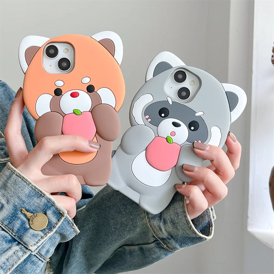 Adorable 3D Raccoon & Panda Fruit Silicone Case for iPhone 11-15 Pro Max