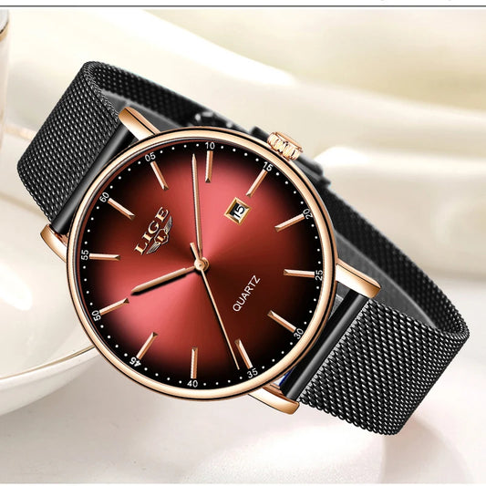 LIGE Women's Luxury Fashion Watch: Elegant Steel Waterproof Wristwatch for Casual Wear