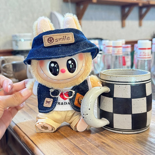Labubu Doll Denim Outfit Set – 17cm Cowboy Hat, Denim Jacket, White T-Shirt & Khaki Shorts Fashion Clothes for Plush Dolls