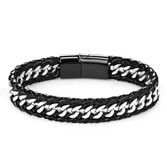 Men's Punk Vintage Cuban Link Bracelet – Black Multilayer Woven Genuine Leather with Stainless Steel Bicycle Chain | Jewelry Gift