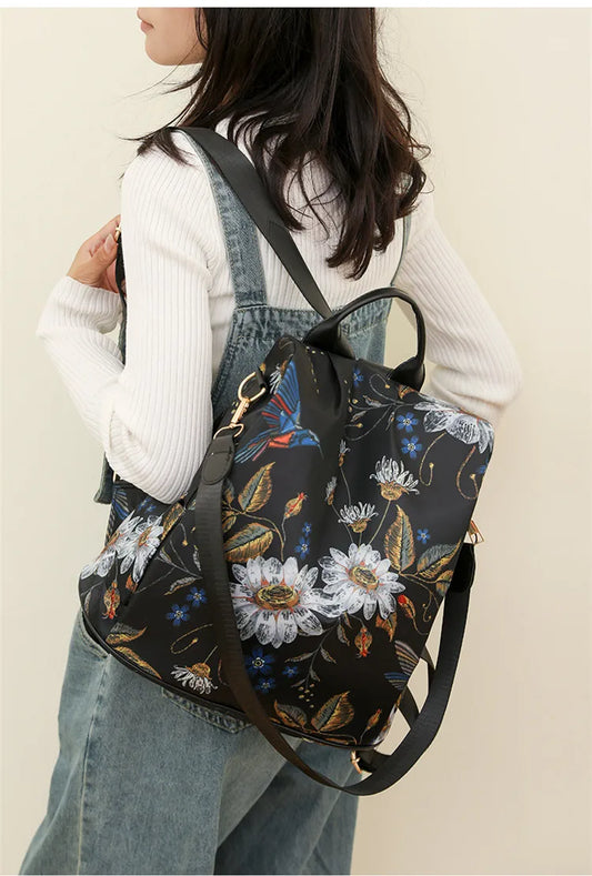 Vintage Style Black Backpack for Women: Casual and Adorned with Flowers, Ideal Anti-Theft Travel Shoulder Bag, Perfect Gift for Mother