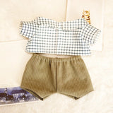 Labubu Doll Plaid Shirt & Stripe Shorts Set – 17cm Plush Fashion Outfit with Hat for Trendy Doll Styling & Cute Accessories Gift