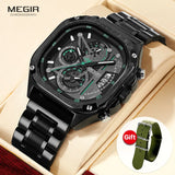 MEGIR Men's Waterproof Black Quartz Watch: Square Dial, Chronograph, Stainless Steel Strap, and Auto Date