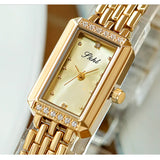 Luxury Fashion Woman's Wristwatch - Quartz Square Dial with Rhinestones, Stainless Steel Strap in Gold, Waterproof Ladies Watch