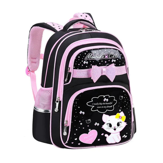 Charming PU Leather School Backpack for Girls: Waterproof with Cat Bow Knot, Ideal Children's Gift