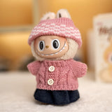 Labubu V1/V2 Party Outfit Set – 17cm Plush Doll Clothes with Bear Label Sweater, Jean Shorts, Scarf & Hat Accessories