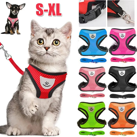 Adjustable Cat and Dog Harness with Leash Lead: Polyester Mesh Vest for Breathable Comfort, Featuring Reflective Details