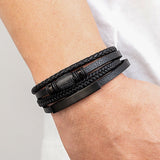 Men's Stylish Multilayer Braided Leather Bracelet – Black with Stainless Steel Magnetic Clasp | Fashion Bangle Jewelry