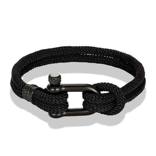 Black Stainless Steel U-Shape Survival Bracelet – Outdoor Rescue Shackle Rope Design for Men & Women | Couple's Camping Jewelry