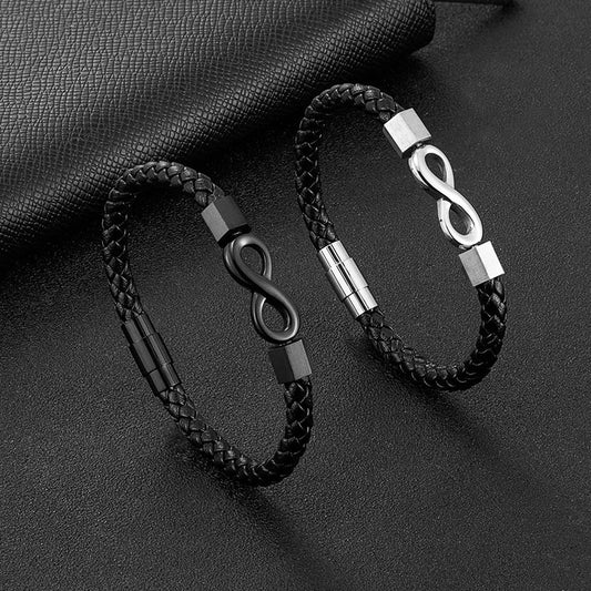 Men's Infinity Symbol Leather Bracelet – Handmade Braided Design with Black Stainless Steel | Couple & Friendship Gift Jewelry