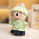Labubu V1/V2 Party Outfit Set – 17cm Plush Doll Clothes with Bear Label Sweater, Jean Shorts, Scarf & Hat Accessories