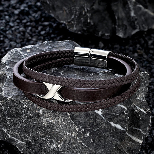 Handmade Men's Leather Infinity Bracelet – Multilayered Braided Design with Stainless Steel Accents | Custom Size Gift Jewelry