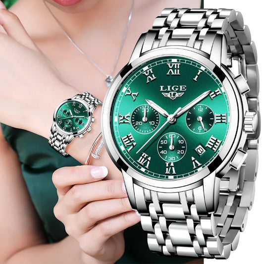 LIGE Women's Chronograph Quartz Watch: Stainless Steel Strap, Waterproof Fashion Bracelet Set