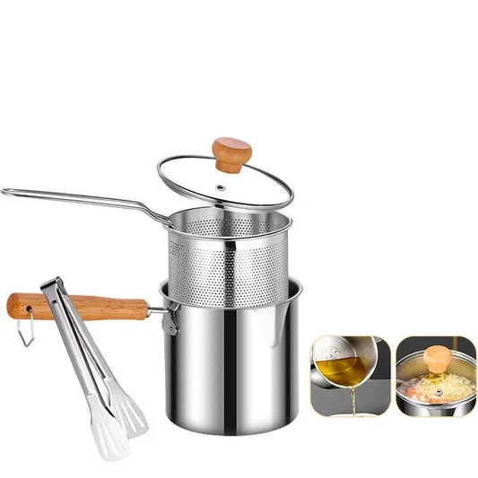 Stainless Steel Deep Frying Pot with Wood Handle and Strainer Basket – Tempura and French Fry Cooker for Chicken and More