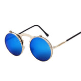 Steampunk Flip-Up Sunglasses for Men and Women: Retro Round Metal Frame Sun Glasses with Hinge Design, Curved Glasses Legs, and UV400 Protection