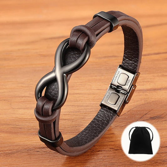 Men's Black & Brown Leather Bracelet – Popular Pattern with Stainless Steel Accents | DIY Size Valentine's Day Gift with Velvet Bag