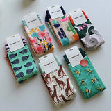 Trendy Autumn Winter Women's Socks: Fashionable Colorful Stockings with Plant, Hedgehog, and Sloth Designs in Cotton