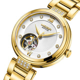 MEGIR Elegant Gold Women's Watch with Large Dial and Stainless Steel Bracelet, Automatic Mechanical Movement for Business