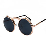 Steampunk Flip-Up Sunglasses for Men and Women: Retro Round Metal Frame Sun Glasses with Hinge Design, Curved Glasses Legs, and UV400 Protection