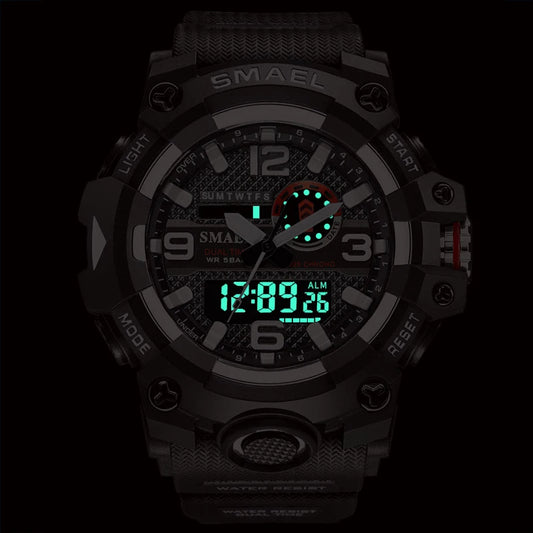 SMAEL Men's Quartz Sports Watch: Waterproof, LED Dual Display, Date Alarm, Military Style, Fashionable Student Wristwatch