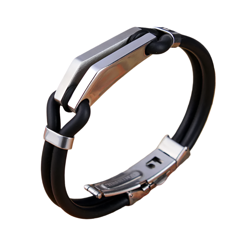 Polished Stainless Steel Lover Bracelet – Men's Rhombus Arc Design with Thick Silicone Band | Fashion Jewelry Bangle