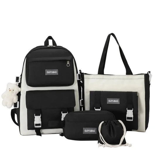 Set of 5 Fashionable Student School Bags: Black and White School Backpack, Handbag, Shoulder Bag, and Pencil Bag Set for Teenage Girls