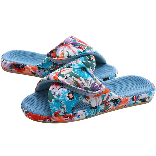 Women's All-Season Open Toe Slippers with Anti-Slip Sole, Fashionable Graffiti Pattern, Adjustable Comfortable Slides, and Arch Support for Home