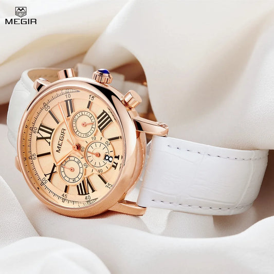 MEGIR Luxury Women's Quartz Watch: Leather Strap, Sporty, Waterproof, and Stylish Ladies Wristwatch