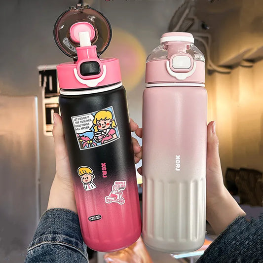 800ml Stainless Steel 316 Insulated Flask with Straw and DIY Stickers – Portable Sports Bottle for Hot and Cold Drinks