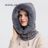 Women's Winter Hooded Fur Cap Set: Knitted Cashmere, Windproof Balaclava, Thick Plush Beanie