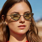 Fashionable Rimless Sunglasses for Women featuring Mosaic Diamond Design - Personality Eyewear with Triangle Cat Eye Metal Frame and Goggle Sun Shades