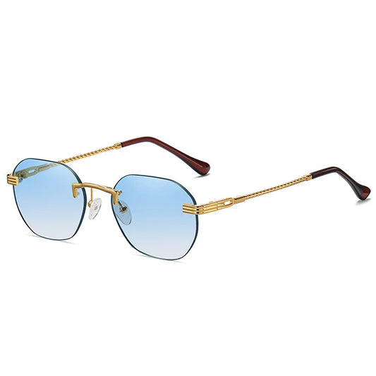 Fashionable Gold Metal Women's Sunglasses with Brown Rimless Frame and Gradient Blue Lens - UV400 Protection