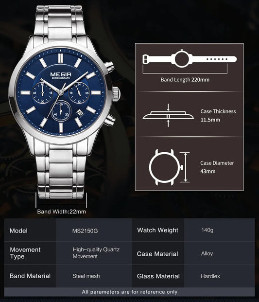 MEGIR Waterproof Stainless Steel Men's Wristwatch: Luminous Chronograph for Casual or Business Wear