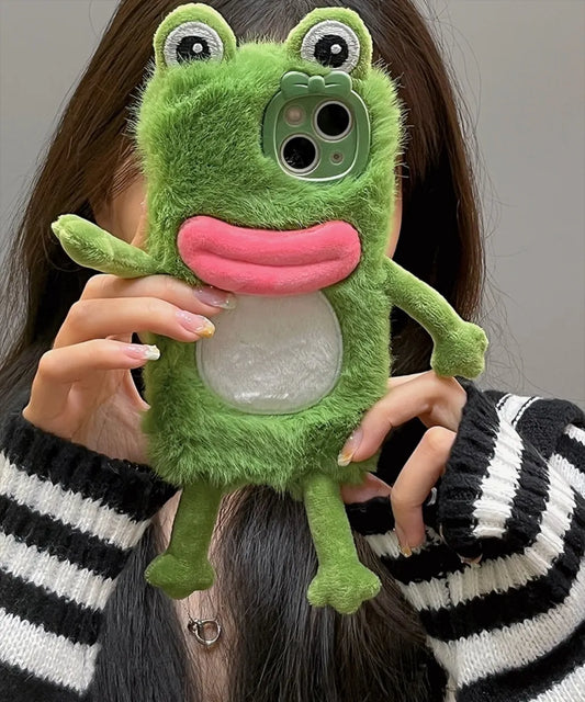 Charming Plush Frog Phone Case with Hand Warmer for iPhone 11-15 Pro Max, in a Fluffy Cartoon Style