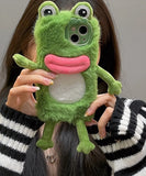 Charming Plush Frog Phone Case with Hand Warmer for iPhone 11-15 Pro Max, in a Fluffy Cartoon Style