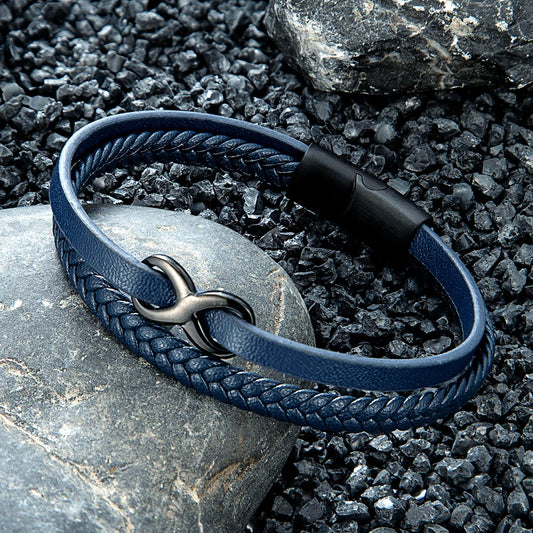 Double-Layered Braided Leather Bracelet with Infinity Knot – Men's & Women's Design, Black Matte Stainless Steel Magnetic Clasp