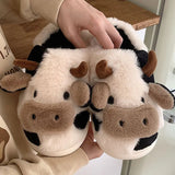 Women's Winter Plush Slippers with Adorable Cow Design, Warm Cotton Indoor Shoes, Fluffy Cartoon Anti-Skid Cloud Slippers for Home