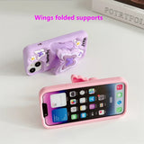 Pink Butterfly Wings Silicone Case for iPhone 11-14 Pro Max, with 3D Folding Bracket