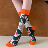 Trendy Autumn Winter Women's Socks: Fashionable Colorful Stockings with Plant, Hedgehog, and Sloth Designs in Cotton