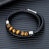 Double-Layer Braided Leather Bracelet – Classic Design with Natural Tiger Eye Beads | Unisex Charm Jewelry