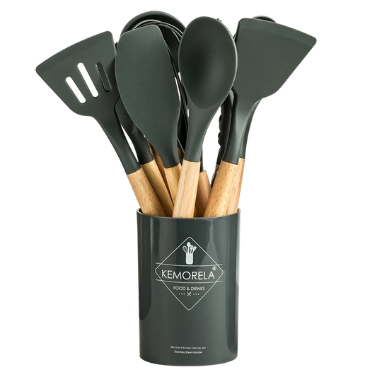 13-Piece Silicone Kitchenware Set: Wooden Handles, Heat-Resistant, Nonstick, and Food Grade for Baking and Cooking