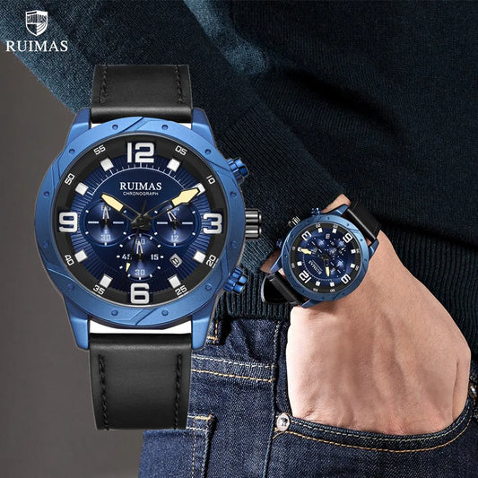 RUIMAS Men's Quartz Watch: Stylish Leather Military Sport Wristwatch with Auto Date and Waterproof Design