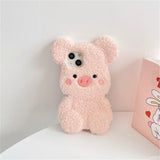 Adorable Plush Pink Pig Case with Bear Ears for iPhone 11 to 14 Pro Max, Furry Hand Warmer Cartoon Cover