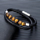 Double-Layer Braided Leather Bracelet – Classic Design with Natural Tiger Eye Beads | Unisex Charm Jewelry