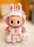 Labubu Doll Bear Print Dress Set – 17cm Outfit with Lace Headband, Cartoon Dress & Suspender Pants Accessories for Baby Pendant Dolls