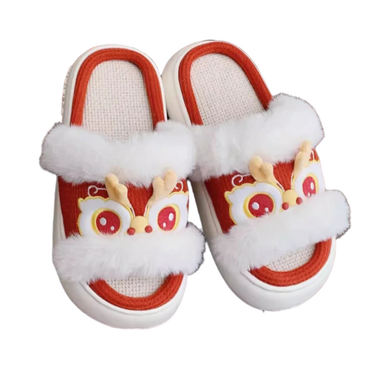 Cute Fire Dragon Linen Slippers – Women's Cotton & Linen Shoes with Thick Anti-Slip Sole | Four Seasons Universal Design