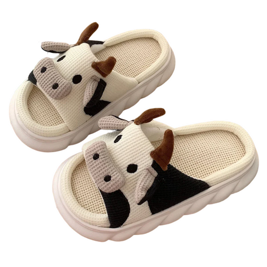 Cute Open-Toe Cow Slippers for Women & Men – Soft, Breathable Unisex Home Slippers for All Seasons | Ideal for Wooden Floors