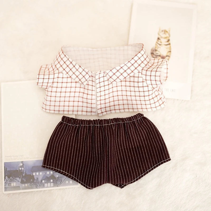 Labubu Doll Plaid Shirt & Stripe Shorts Set – 17cm Plush Fashion Outfit with Hat for Trendy Doll Styling & Cute Accessories Gift