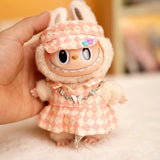 17cm Labubu Doll Checkerboard Tennis Outfit Set – Suspender Pants & Shirt Trendy Fashion Clothes for Baby Pendant Dolls