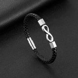 Men's Infinity Symbol Leather Bracelet – Handmade Braided Design with Black Stainless Steel | Couple & Friendship Gift Jewelry